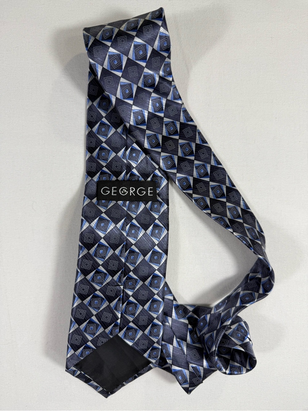 George Men’s Navy and Gray Geometric Silk Tie. 61 inches long
